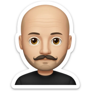 Oliver Riedel, apple style emoji, bald, with a mustache and goatee, reserved look, black clothing sticker