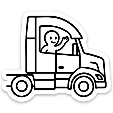 Casper the ghost waving from the window of a 2022 Volvo sleeper semi truck, outlined icon style sticker