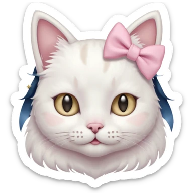 A cat with a little pastel pinkbow and a starclip on their ear sticker