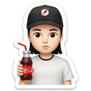 generate a pretty bratz boy with a nike black baseball cap, a white tshirt and drinking coke , black hair sticker