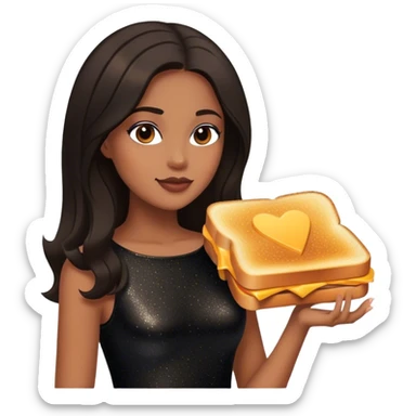 Beautiful woman in 1950’s woman fashion look, black shimmery dress, long dark brown hair, grilled cheese sandwiche sticker