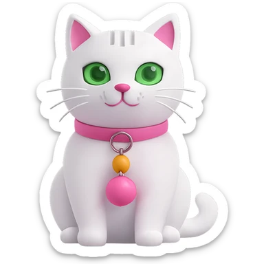 Edit the image of a white cat with a pink collar and a yellow bell on the collar. Change the cat's eyes to green. Remove the background so it is transparent. Maintain the style and details of the original image. sticker