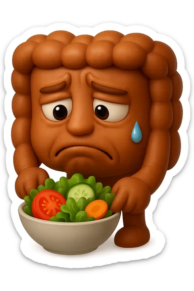 EMOJI STILE IPHONE DI UN INTESTINO UMANO ANATOMICO CHE GUARDA UN INSALATA CON ESPRESSIONE TRISTE E RASSEGNATA IN VOLTO: SOFFRE LA FAME PERCHé è A DIETA, FAGLI ANCHE LA PARTE BIANCA DEGLI OCCHI, NON SOLO LE PUPILLE, IPERREALISTICO 4K sticker