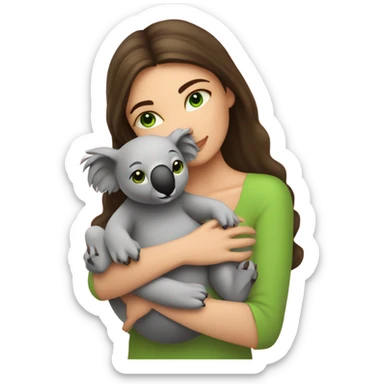 brunette women with green eyes holding a koala and kissing him with pink hearts all around  sticker