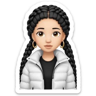 generate a pretty bratz girl with a WHITE puffer jacket, hoops, long braided hair black sticker