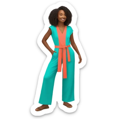 Vibrant jumpsuit with adjustable waist, V-neck, wide legs, and made from organic cotton in bright, bold colors like coral or turquoise. sticker