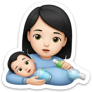 A baby with black hair holding a bottle while laying down sticker