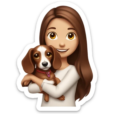 Smiling brunette girl holding long haired miniature red piebald dachsund sticker