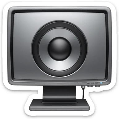 Minimal emoji icon of a modern metallic studio monitor, front view, detailed geometry, dark metallic body, subtle highlights, isolated sticker