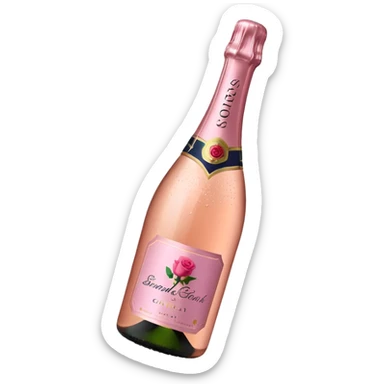 bottle of sparkling rosé champagne with a rose logo on the label, tilted up and to the left, no glass sticker