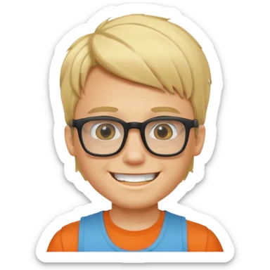 portrait of boy, wearing a tank top, square glasses, grinning face, blond hair sticker