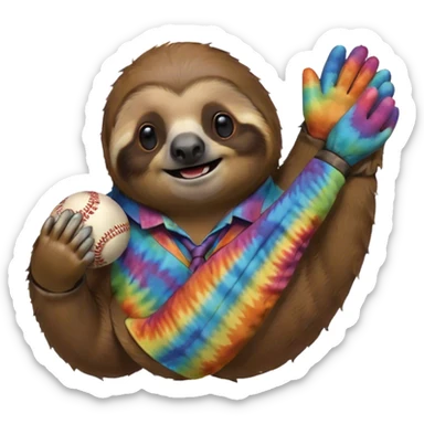 Baseball in a tie dye glove being held by a sloth sticker
