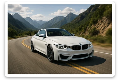 BMW M4 blanco conduciendo en una carretera de montaña, vista dinámica, fondo de montañas, estilo realista, sin personas, fondo detallado sticker