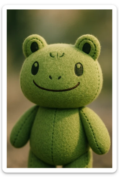 plush toy with a green teddy bear body and a frog's head, soft and cuddly, cute and friendly expression sticker