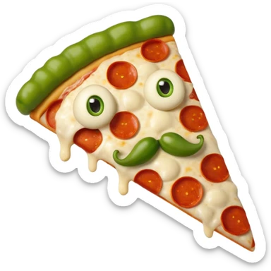 Make a photo of a pizza with pepperonis from eyes and mushroom from the nose and green bell pepper from the mouth and mustache sticker