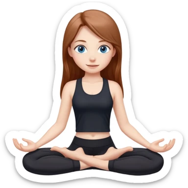 A girl with fair skin and a natural blush. Eyes are large, expressive, blue. Hair is long, straight, chestnut-colored. Smile is soft, friendly, does yoga in a black top and leggings sticker