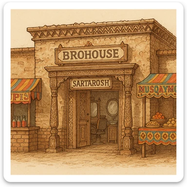 brohouse sartarosh xonasini chizib ber tashqaridan va uning yonida yupi va musqaymoq sotadigan lavkalar bulsin sticker