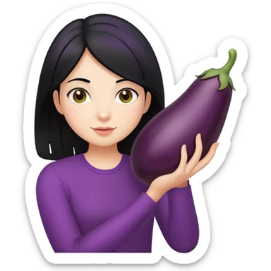 girl with black hair holding an eggplant sticker