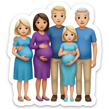 I want a couple with a wife that’s pregnant and then on the male side standing next to him is his family mom is sick the dad is fine  and his siblings and grandparents are okay smiling. sticker