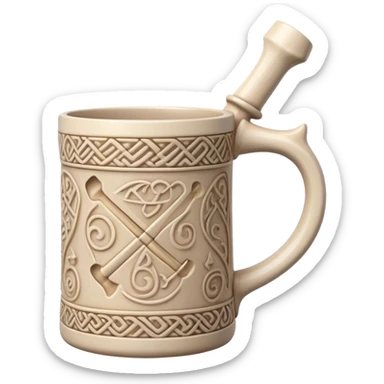 Scandinavian carving icon, bone mug or vase with intricate Norse patterns, chisels and carving tools nearby, minimalistic style, clean lines, transparent background. sticker