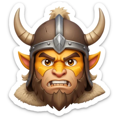 Clash of Clans aesthetic: Cinematic Fierce Barbarian Portrait Emoji, Poised and bold with a rugged yet cartoonish build in tattered furs and a horned helmet, his face rendered in a natural skin tone (not yellow), expressive bright eyes and a confident smirk, Simplified yet dynamic features, highly detailed, glowing with a vivid, adventurous aura, high shine, heroic and spirited, stylized with an air of medieval warrior charm, focused and energetic, soft glowing outline, capturing the essence of a fearless barbarian adventurer ready to lead his clan with spirited valor! sticker