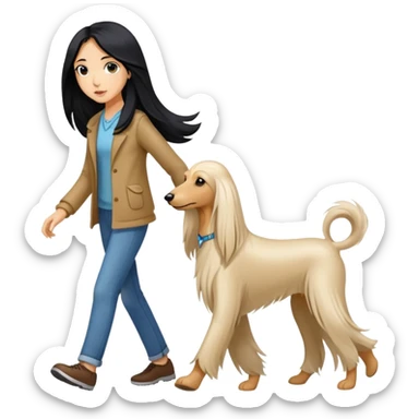 A girl with long black hair walks a light-colored Afghan hound sticker