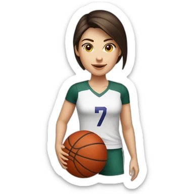 White skin brunette female playing football with very small basket ball sticker