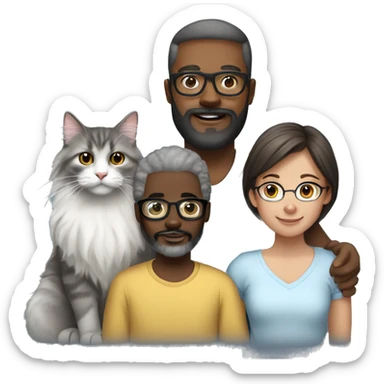 black dad with beard and glasses, white brunette mom, mixed two year old daughter and a grey norwegian forest cat sticker