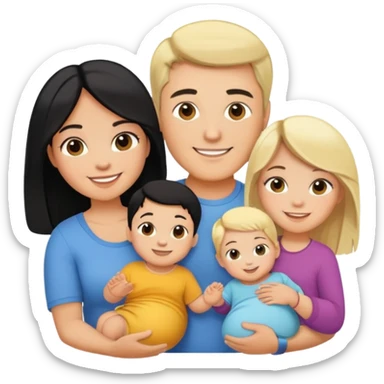 family with blond dad, brunette mom, blonde son, daughter with black hair, and a baby sticker