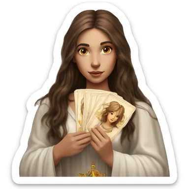 Beautiful angelic girl with straight brown hair with tarot cards sticker