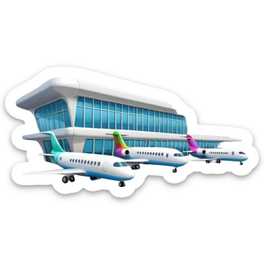 A 3D cartoon airport terminal building with glass windows and airplanes nearby, clean lighting, Memoji-style rendering. sticker