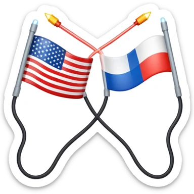 symbolic hot wire connecting Russia and USA with Russian and US flags at each end, glowing wire in the middle, tense atmosphere sticker