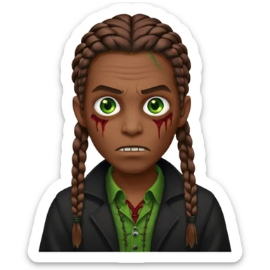 Glued braids men zombie with brown hair color and green eye color, with dark vampire clothes, brown skin sticker