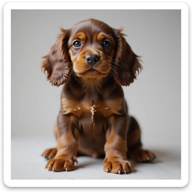 realistic chocolate tan English cocker spaniel puppy, sitting, fluffy ears, cute expression, photorealistic style sticker