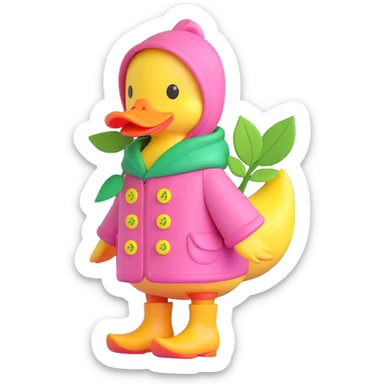 A duck wearing a pink hooded coat with green buttons and a green leaf on the chest, and yellow boots. sticker