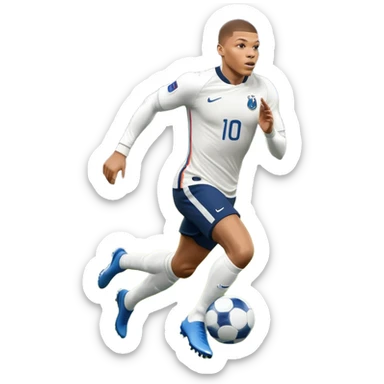 An icon showing Kylian Mbappé running with the ball on a football field during a match. The design captures his speed and focus, with dynamic motion lines and a vibrant background of the field and stadium lights. Transparent background emphasizes the action. sticker