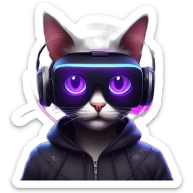 cat wearing a black hoodie with "OMG" letters on it and VR headset in a cyberpunk VR environment with violet neon lighting. sticker
