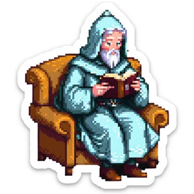 Chaucer reading and sipping tea, simple background, pixel art style sticker