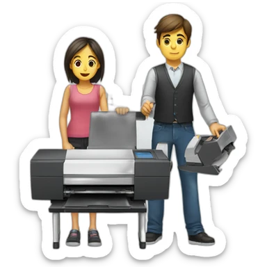 a boy and a girl with a large printer full of copies, both are exhausted sticker