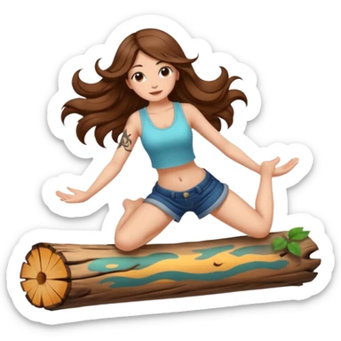 cute woman long wavy brown hair tattoos balancing on log sticker