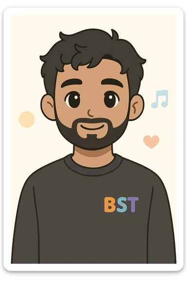 2D digital anime-style portrait of a young adult male with medium skin tone, short wavy black hair, almond-shaped black eyes, and a full beard. Wearing a plain dark grey sweatshirt with the BST logo in vibrant colors (orange, teal, purple, blue) on the left chest. Solid black background. Facing forward with a slight smile (no teeth). Soft and flat lighting, clean anime lines, smooth shading. Professional, cohesive team style. sticker