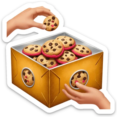 a hand taking a package from a transparent box of cookies sticker