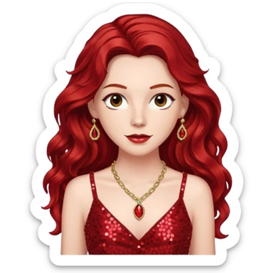 Chappell Roan, Pop Singer (b.1998) with long dark red wavy hair, red sequin dress and necklace sticker