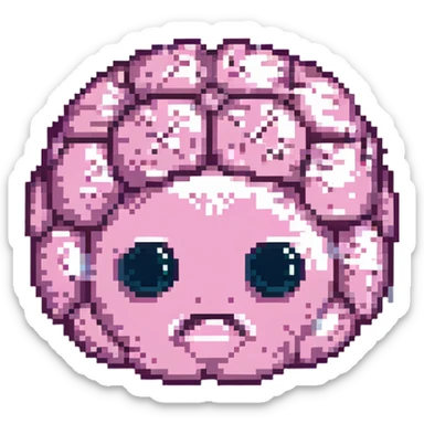 16-bit pixel art of a pink brain-shaped blob with sad droopy eyes and downturned mouth, smooth rounded brain texture, simple retro gaming style sticker