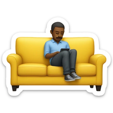 Man on yellow couch laying down looking at his phone  sticker