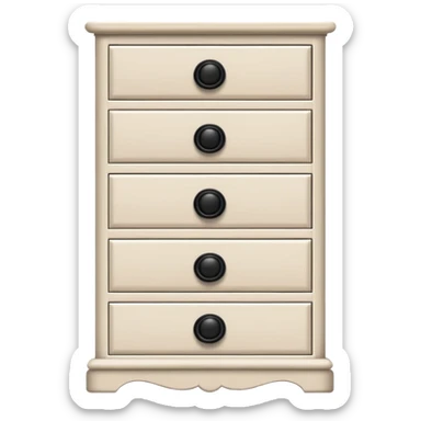 realistic white 6-drawer chest with one small black knob per drawer, stacked vertically, with depth and dimension sticker