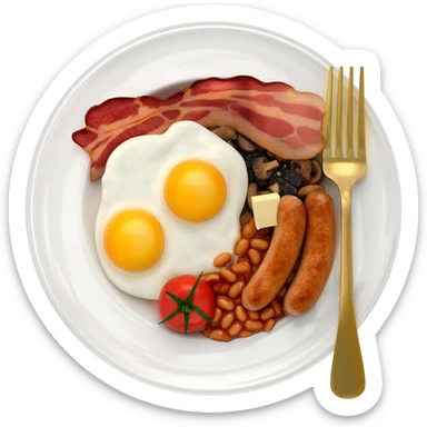 English breakfast on a beautiful white plate with a gold fork sticker