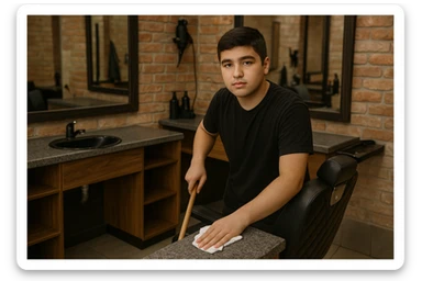 sartaroshxonani tozalayotgan o'smirin bola juda  yosh ham emas katta ham supir sudir qilaytgani narsalarni tozalayotgani yuzi ko
 sticker