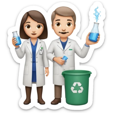 an otter disguised as a woman picking up trash bins, next to a man mad scientist sticker