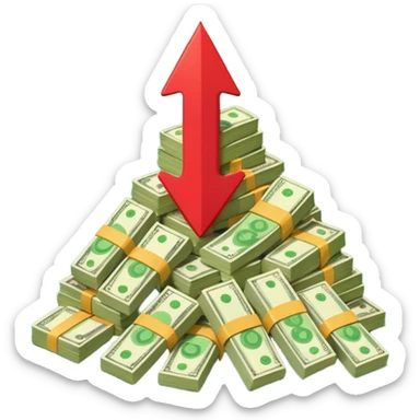 a pile of money with red arrow up sticker
